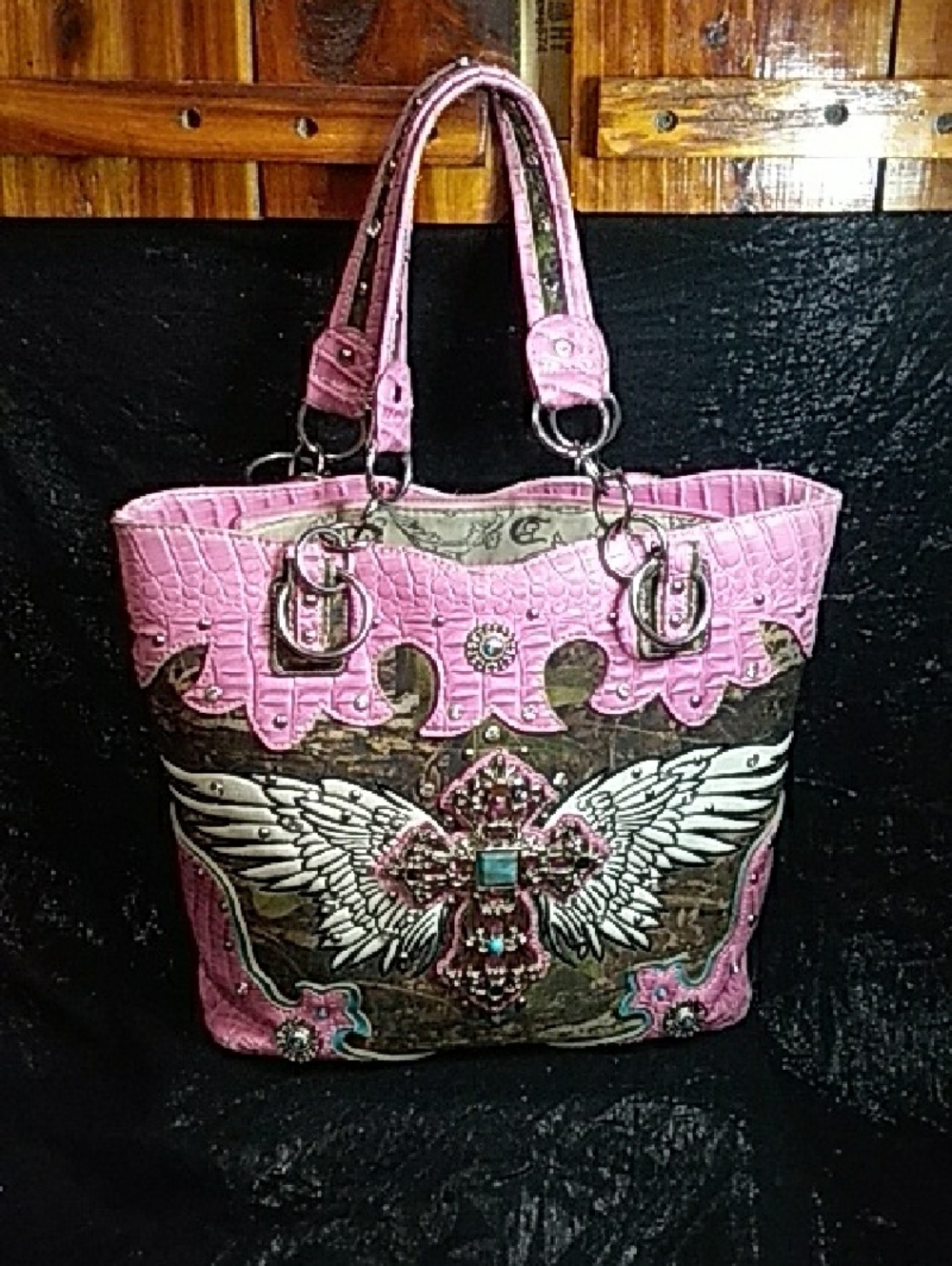 Cow Girl Trendy Camo With Winged Cross Embellished Tote Bag - Designer Style